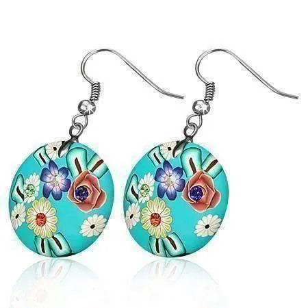 Round Handcrafted Floral Cane Work Clay & CZ Earrings ~ Five Colors