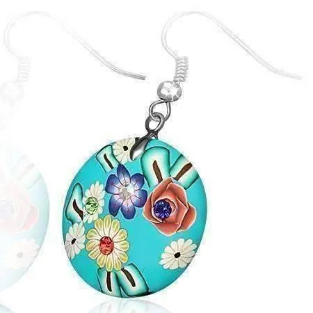 Round Handcrafted Floral Cane Work Clay & CZ Earrings ~ Five Colors