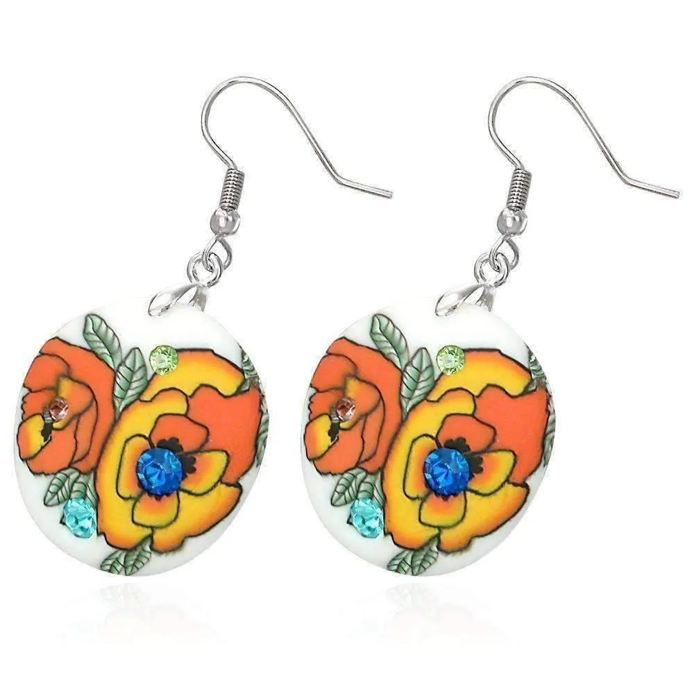 Round Handcrafted Floral Cane Work Clay & CZ Earrings ~ Five Colors