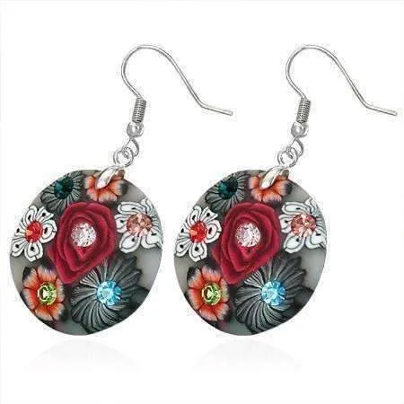 Round Handcrafted Floral Cane Work Clay & CZ Earrings ~ Five Colors