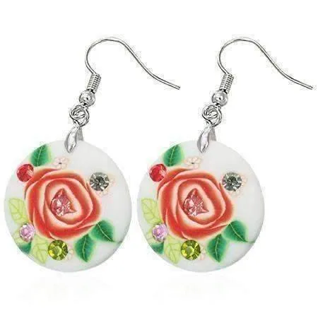 Round Handcrafted Floral Cane Work Clay & CZ Earrings ~ Five Colors