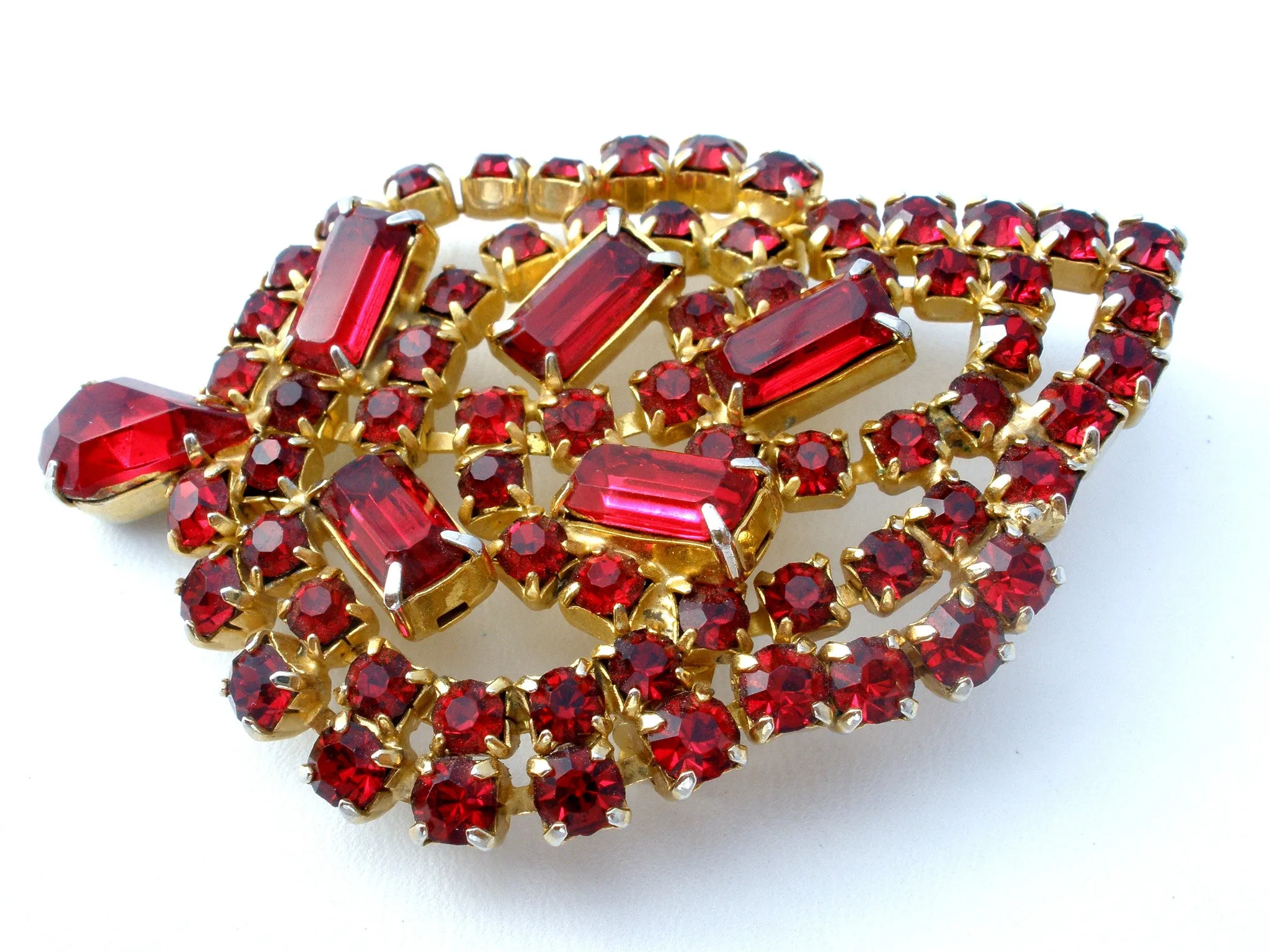 Ruby Red Rhinestone Leaf Brooch Pin Vintage