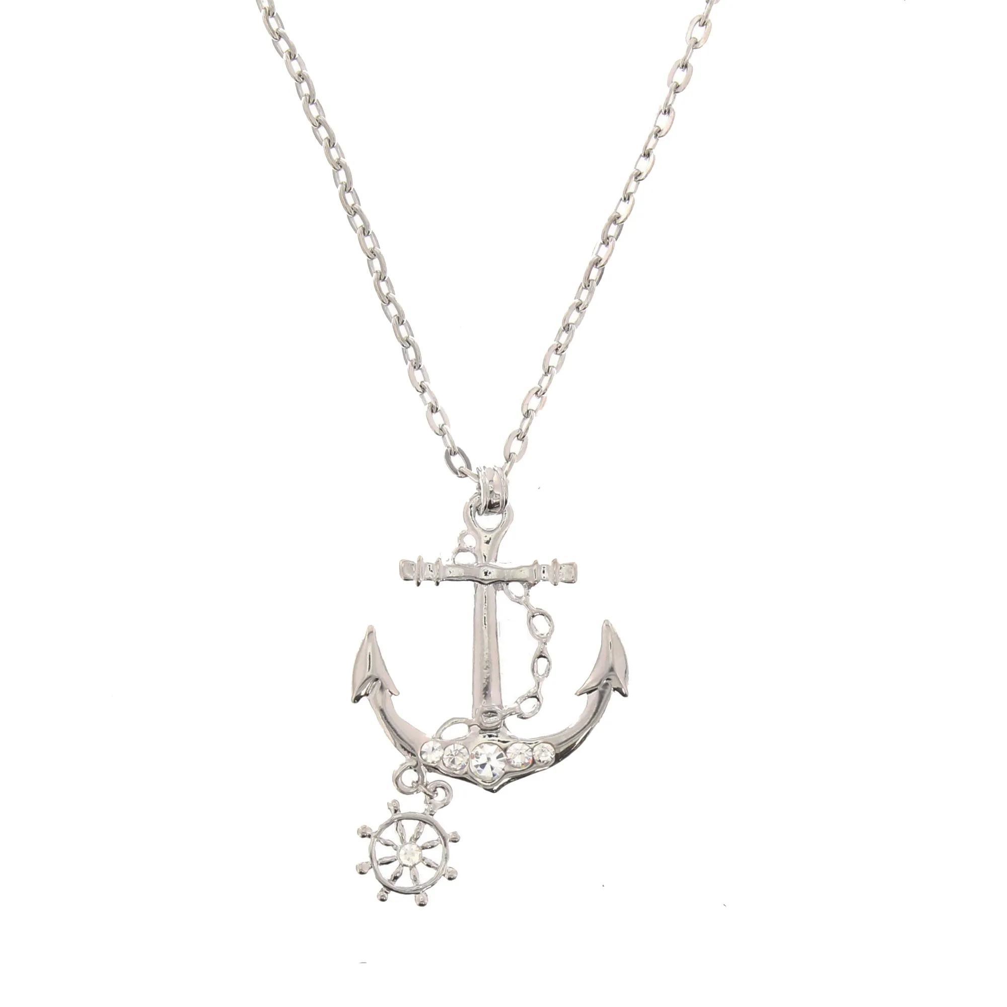 Silver Anchor Pendant with Diamante Stones &amp; Hanging Wheel on Silver Necklace