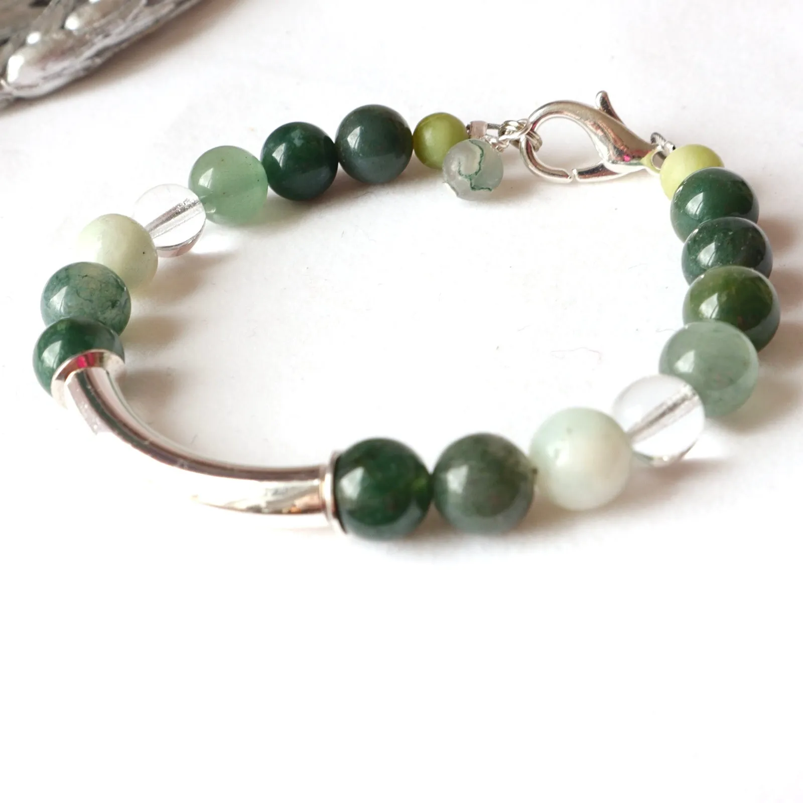 Silver Bar Green Stone Bracelet