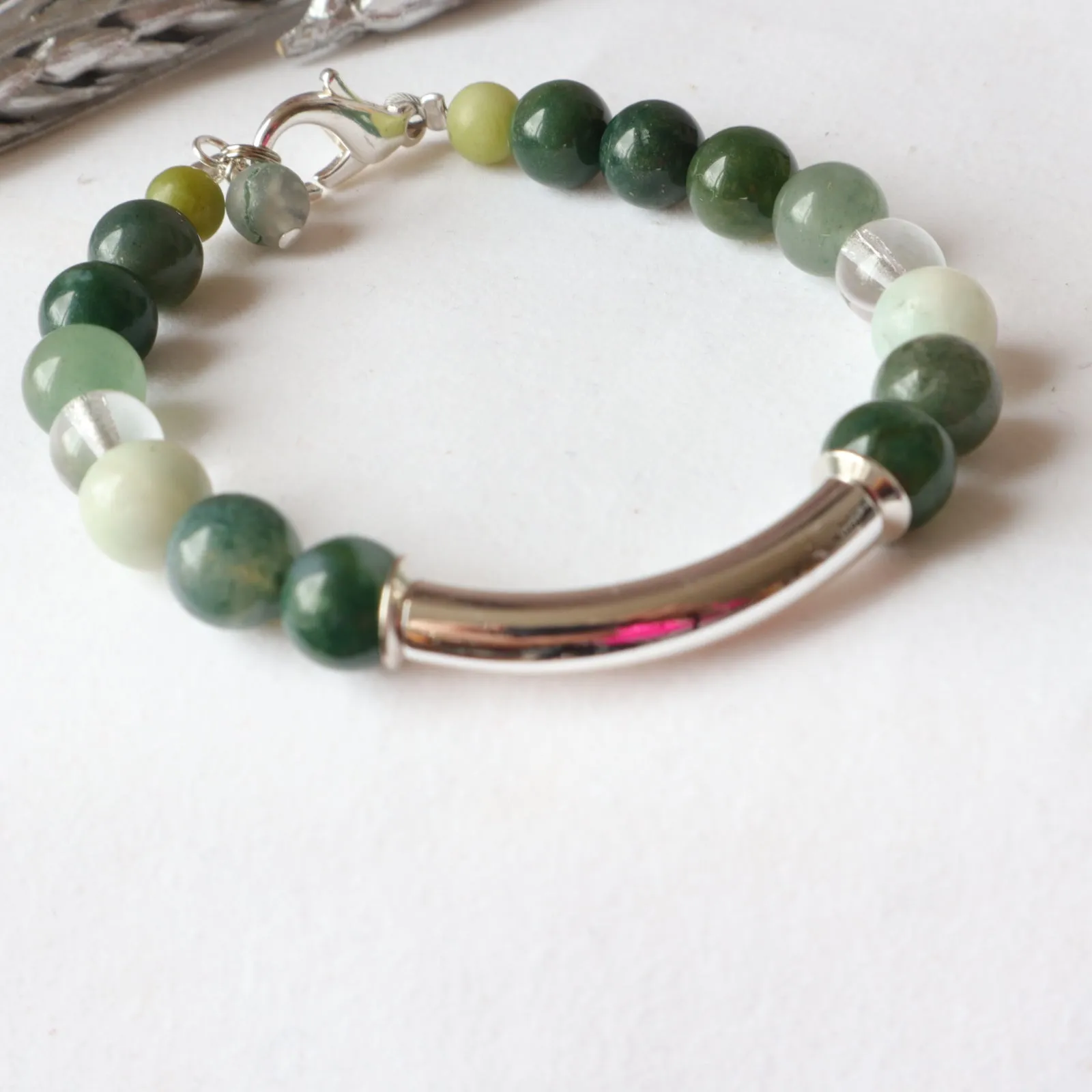 Silver Bar Green Stone Bracelet