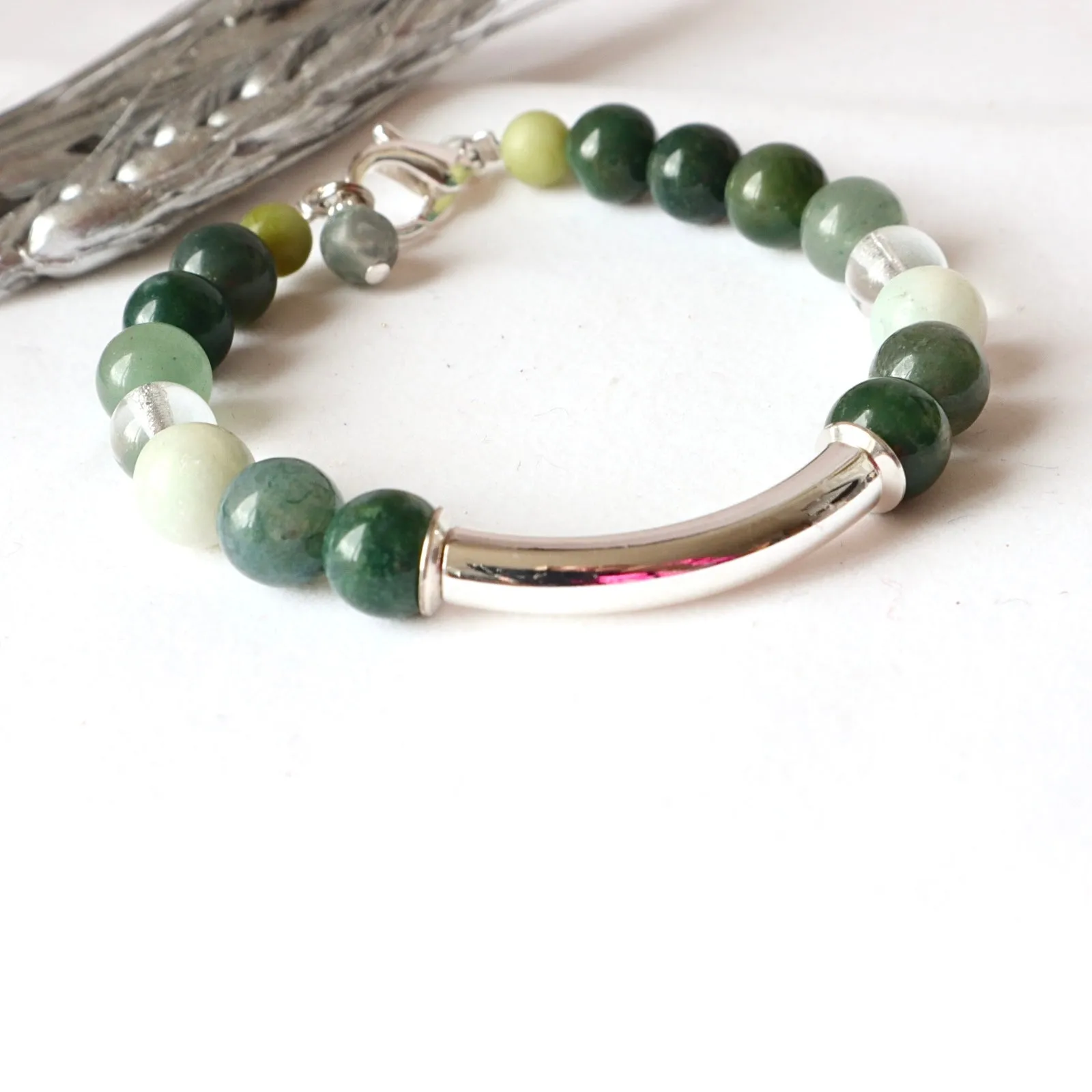 Silver Bar Green Stone Bracelet