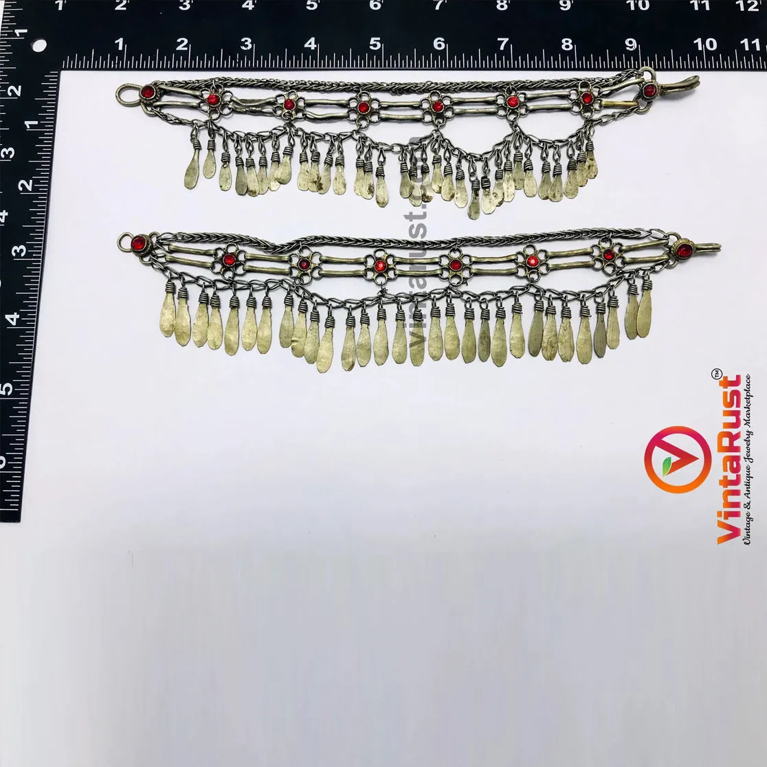 Silver Kuchi Anklets With Red Glass Stones and Tassels