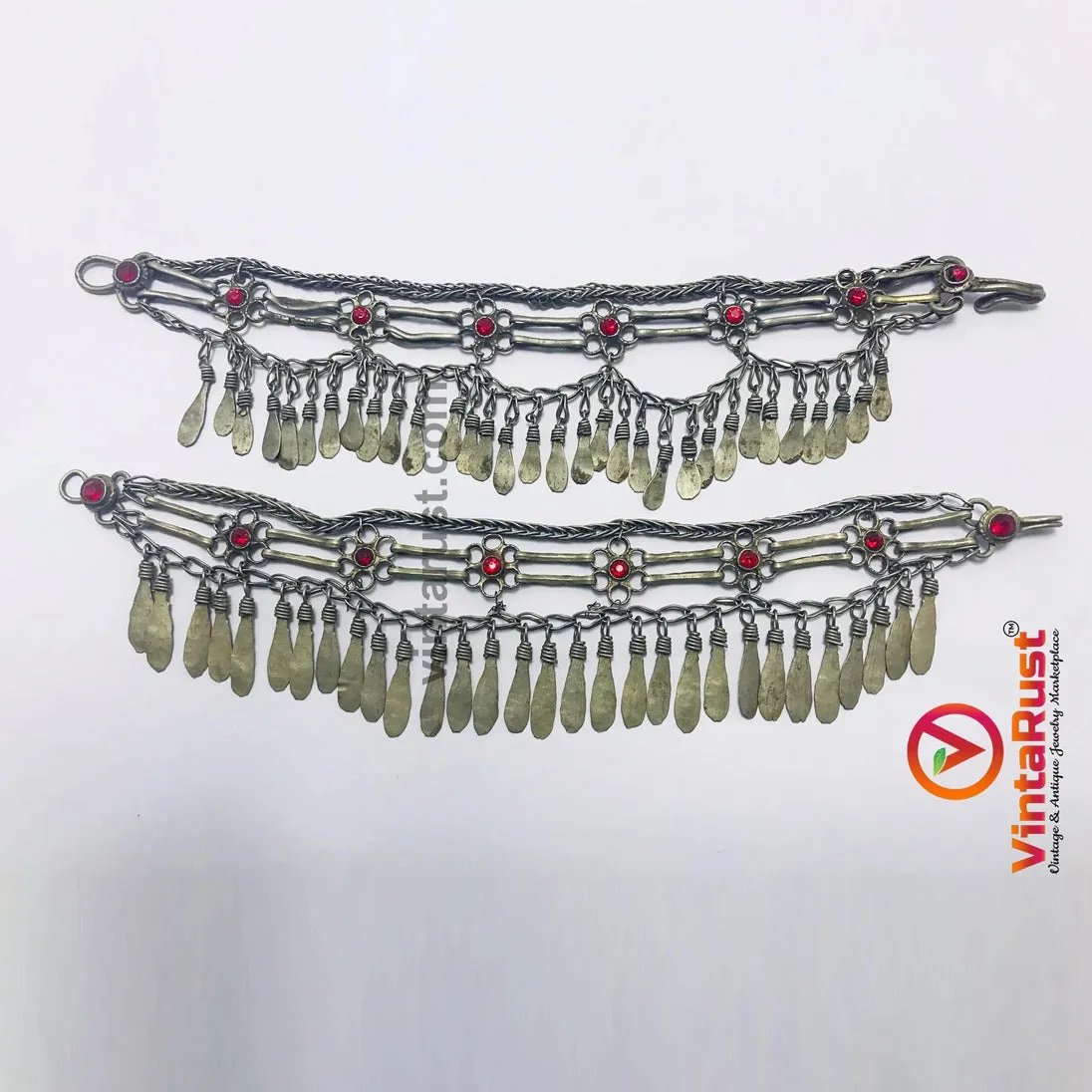 Silver Kuchi Anklets With Red Glass Stones and Tassels