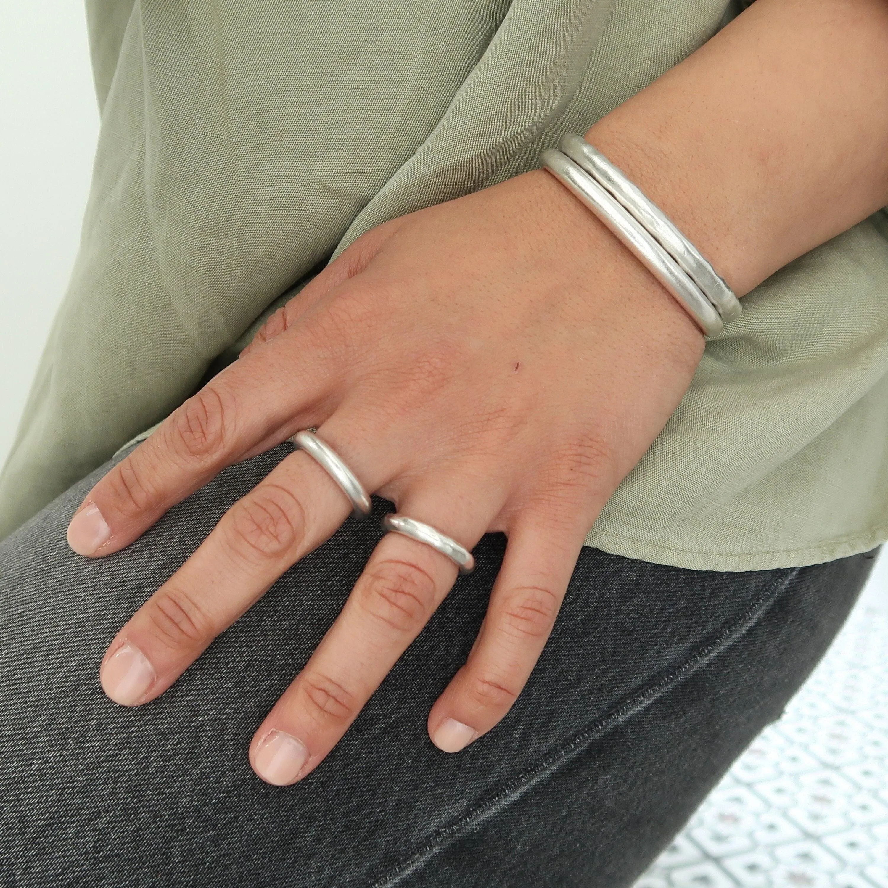 Silver Thick Hammered/Simple Shiny Cuff Bracelet