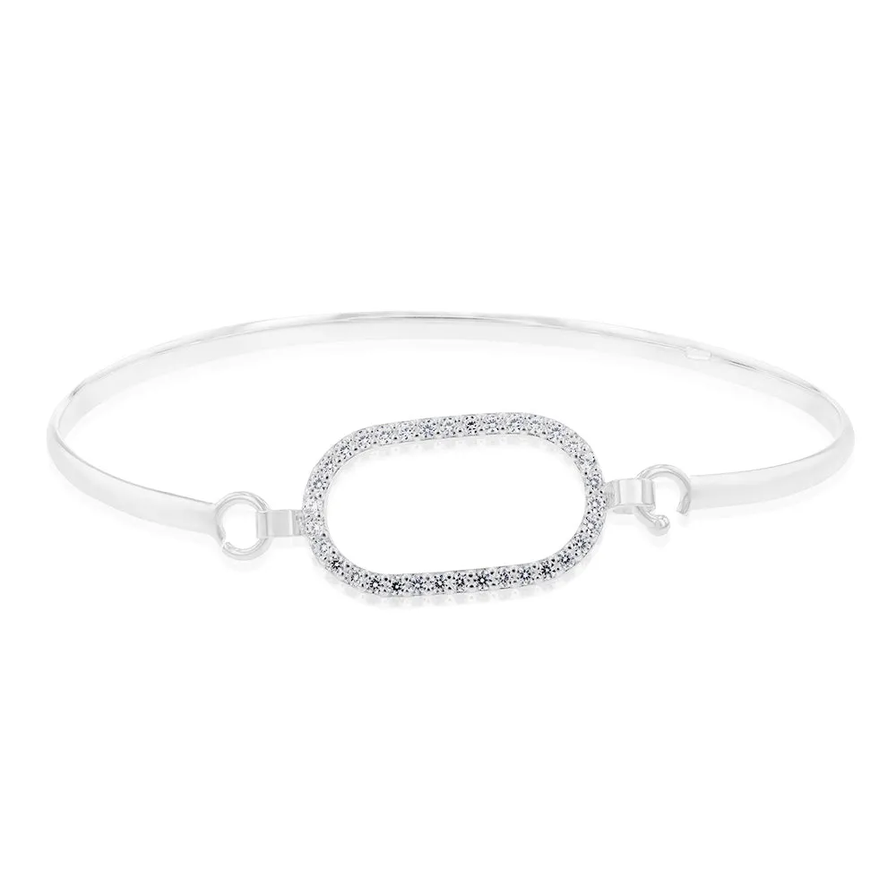 Sterling Silver CZ On Open Rectangle Bangle