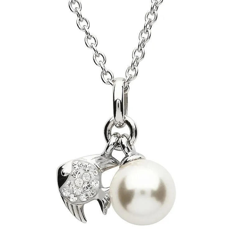 Sterling Silver Fish Pearl Pendant Swarovski Crystal