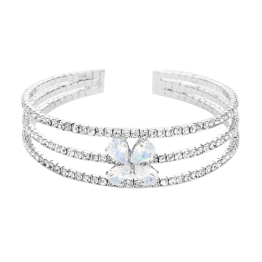 Teardrop Flower Stone Accented Rhinestone Pave Cuff Bracelet