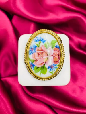 Vintage 1940s Painted Floral Limoges Porcelain Oval Brooch