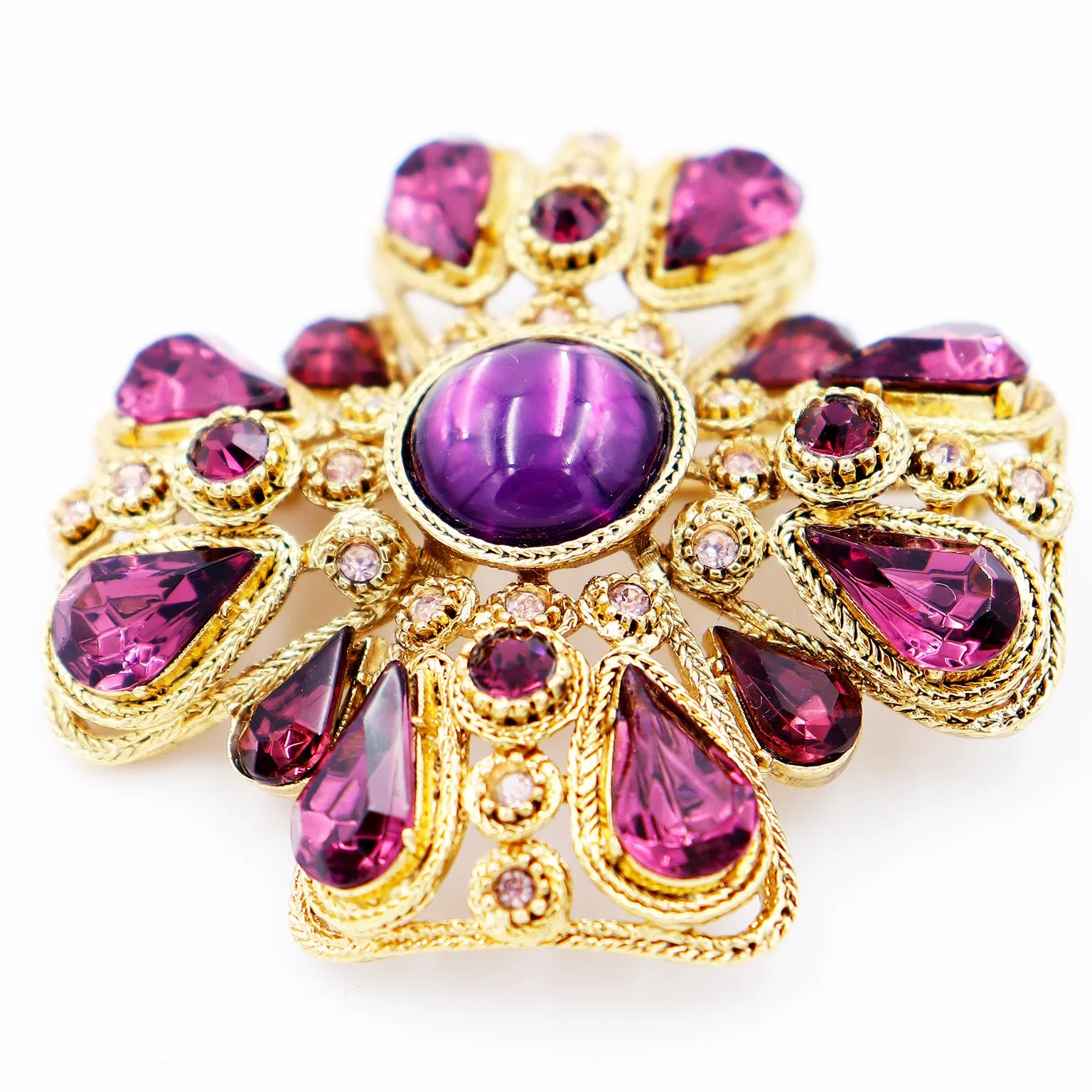 Vintage Gold Abstract Maltese Cross Brooch w Purple Crystal Stones