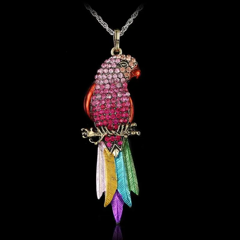 Vintage Long Jewelry Fashion Sweater Necklace Bird Exquisite Colourful Enamel Crystal Animal Parrot Pendant Necklaces Women