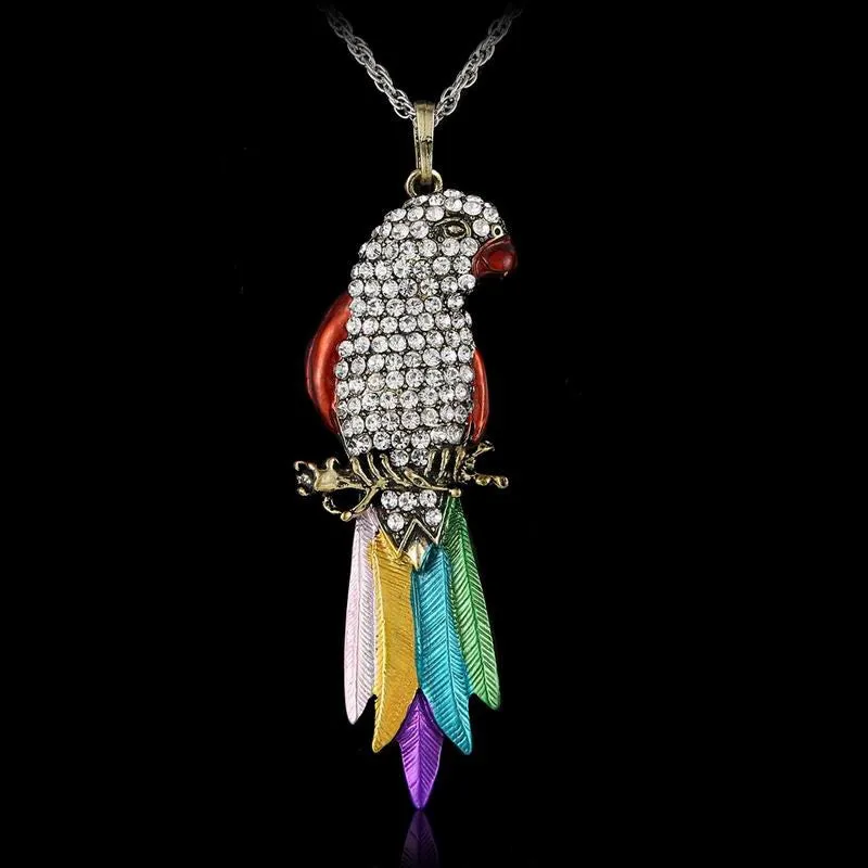 Vintage Long Jewelry Fashion Sweater Necklace Bird Exquisite Colourful Enamel Crystal Animal Parrot Pendant Necklaces Women