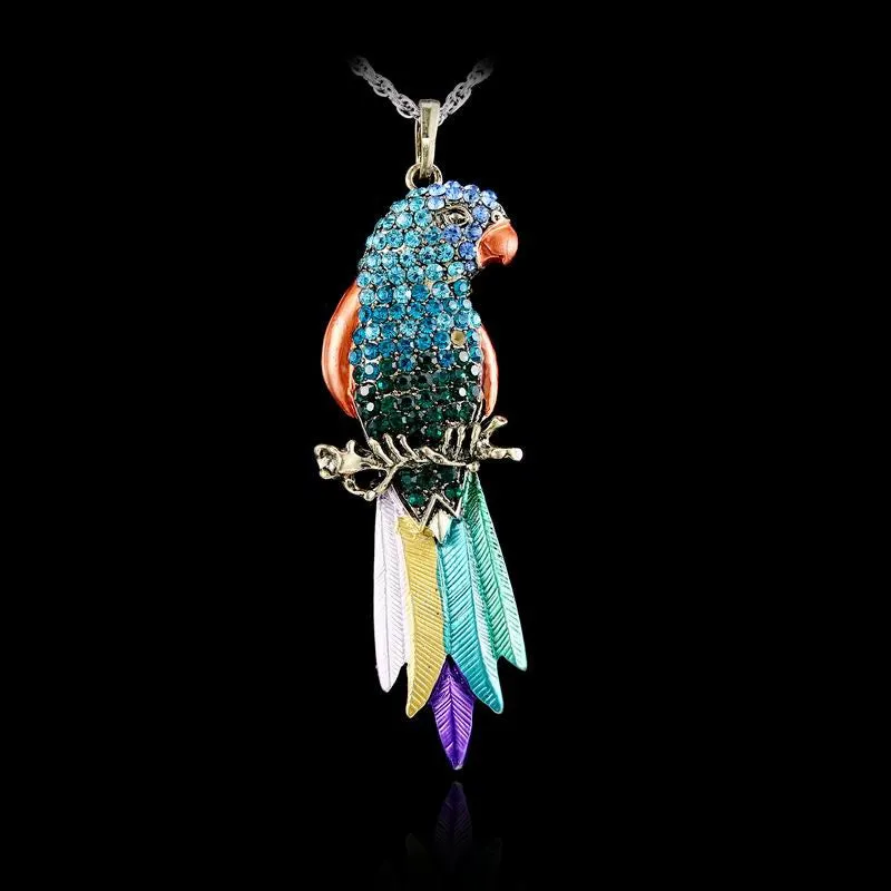 Vintage Long Jewelry Fashion Sweater Necklace Bird Exquisite Colourful Enamel Crystal Animal Parrot Pendant Necklaces Women