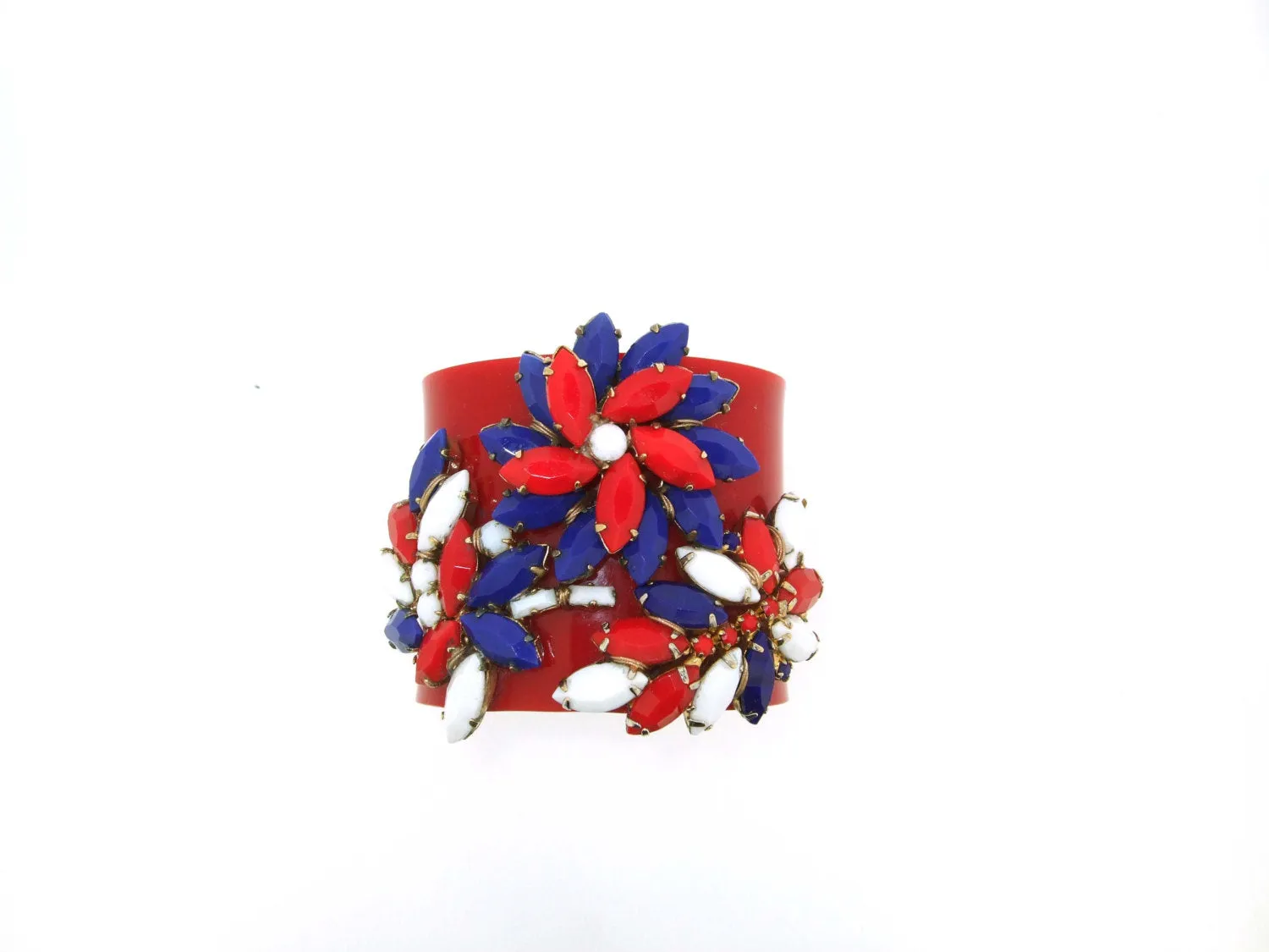 Vintage Red White Blue Bracelet Vintage Glass Cuff by Katherine Alexander