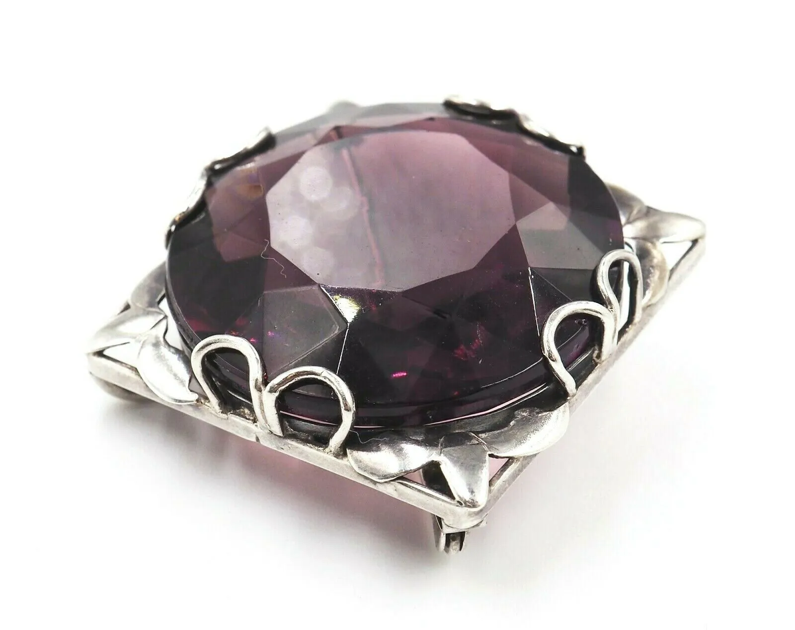 Vintage Sterling Silver & Purple Glass Stone Brooch