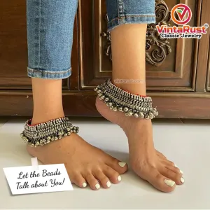 Vintage Tribal Silver Kuchi Anklets Pair With Bells