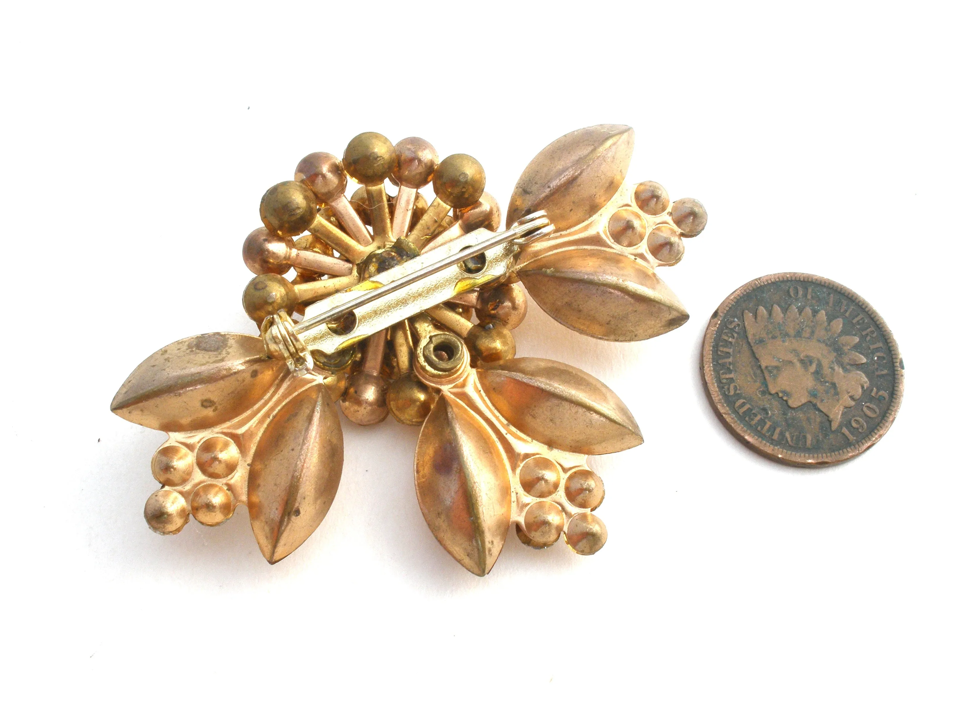 Yellow Gold Rhinestone Brass Brooch Pin Vintage