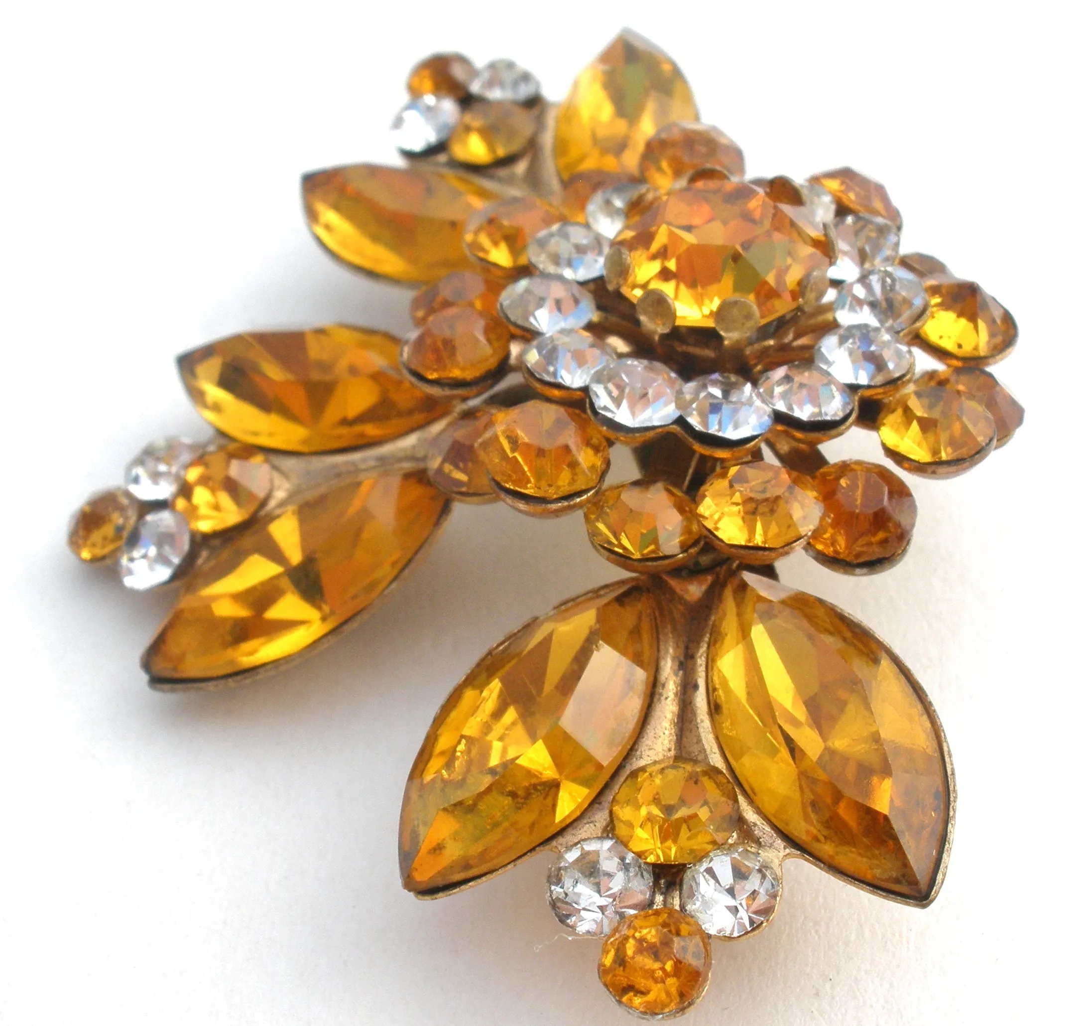 Yellow Gold Rhinestone Brass Brooch Pin Vintage