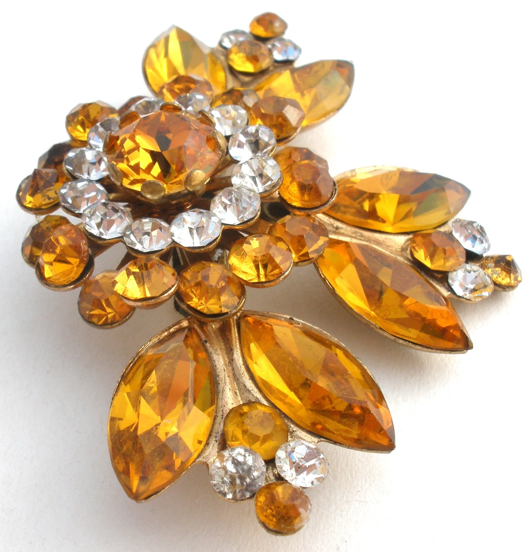 Yellow Gold Rhinestone Brass Brooch Pin Vintage