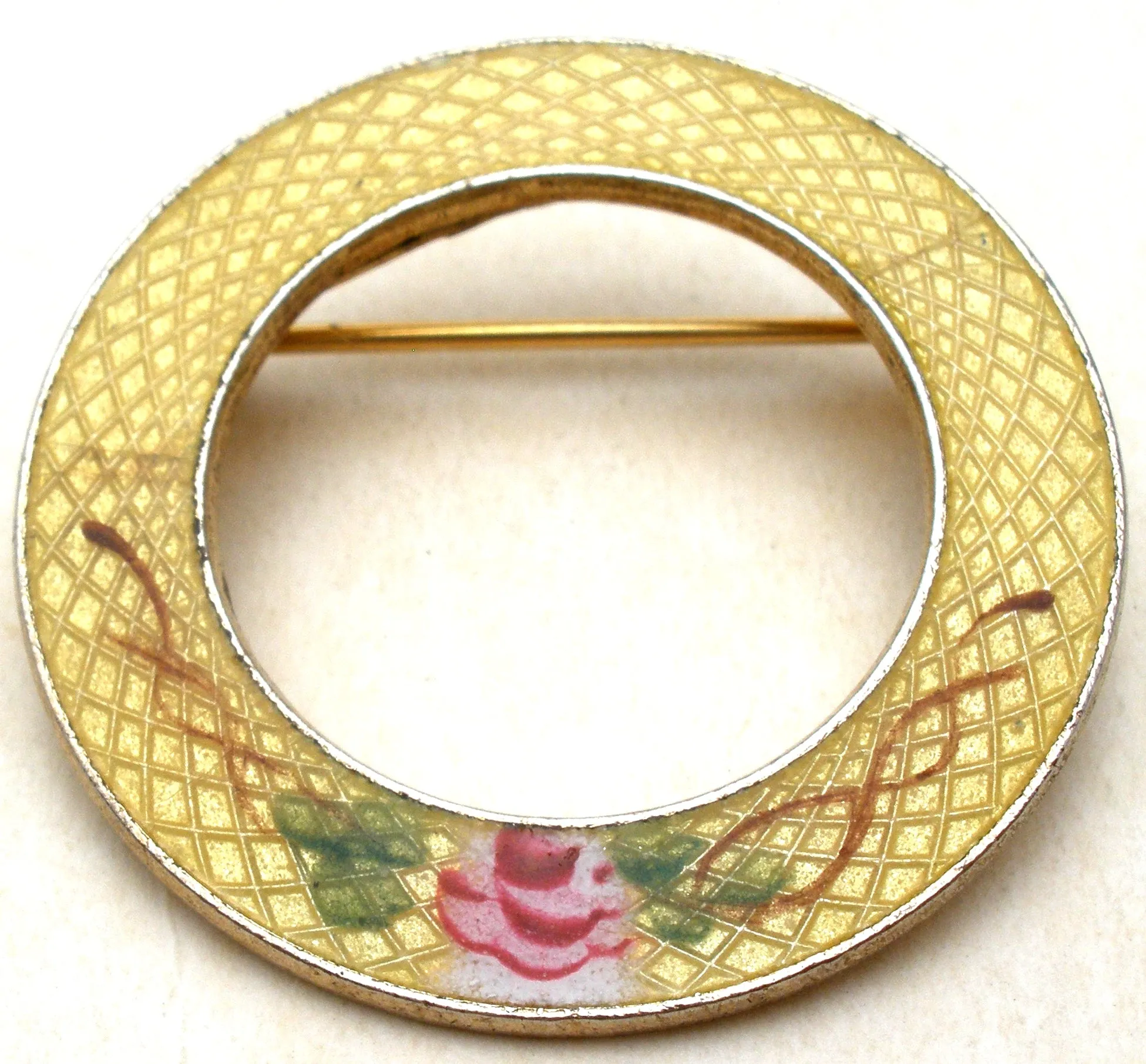 Yellow Guilloche Enamel Round Pin Brooch Vintage